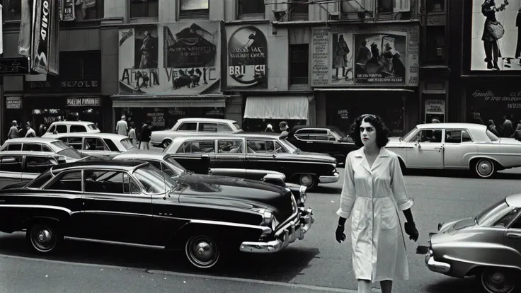 Arabian woman walking in front of a row of parked cars, New York in the 1960s, cinematic diane arbus, inspired By Ruth Orkin, inspired By Bruce Davidson, Bruce Davidson Photography, By Ruth Orkin, By Bruce Davidson, inspired by Vivian Maier, by Larry Fink,...