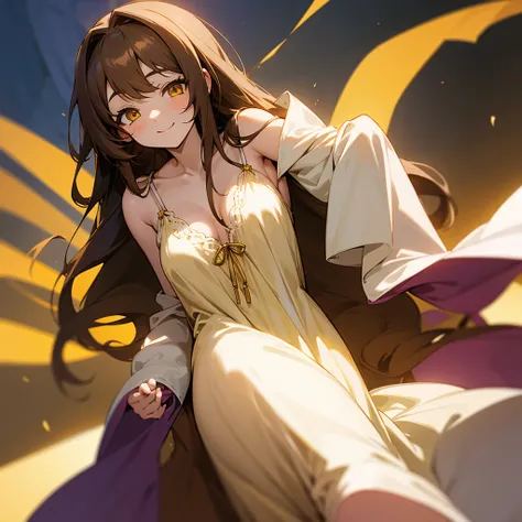 Anime girl with long brown hair and yellow eyes with a sensual smile wearing a chest-length nightgown falling over her shoulders leaving her breasts exposed