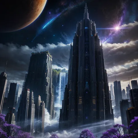 A huge fantastical sci-fi city, aether city, floating aerial metropolis,Skyscrapers、Daytime，Huge construction，Super huge waterfall，Super huge temple，Super huge torii，Night view，mysterious，Fantasy， towering skyscrapers, massive waterfall, celestial planets ...