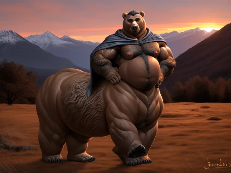 furry, fur taur, beartaur, middle-aged, 1man,  solo, hairy, arm_hair, leg_hair, short_hair, old, old_man, cloak(grey), pectorals, large_pectorals, detailed face, bear ears, bear eyes(brown), bear nose(black), bear mouth, garibaldi beard(grey), mature hair(...