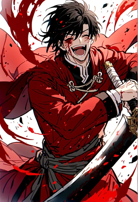 Anime character holding sword and red cloak, Beautiful Shinigami, Red robe，Chinese style traditional, handsome guy，Dark circles，Pathological，Laughing，Blood气，Madness，Wound，Blood，(only one person),Normal body，Black hair