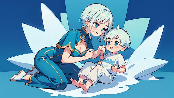 (((Mother and son,My son is a newborn baby.)))、((Highest quality、Masterpiece、Official Art、The best dynamic composition))、They both have a mixture of blue and white hair.、She is happily stroking the baby&#39;s cheek.、Heartwarming、happiness、A sparkling world...