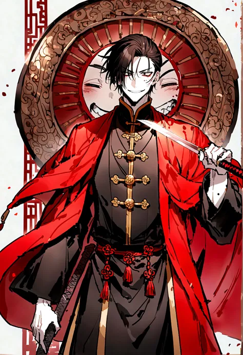 Anime character holding sword and red cloak, Beautiful Shinigami, (Red robe，Taoist priest)，Copper money sword，Chinese style traditional, handsome guy，Dark circles，Pathological，Laughing，Blood气，Madness，Wound，Blood，(only one person),Normal body