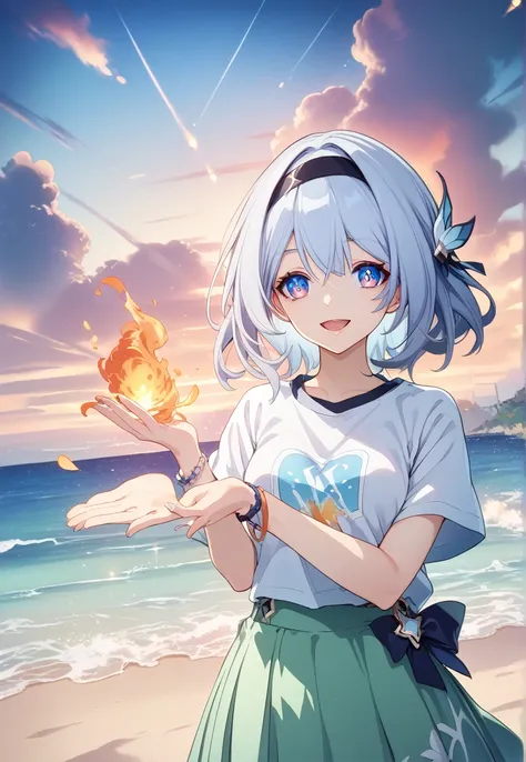 score_9, score_8_superior, score_7_superior, T-Shirts, 白いT-Shirts, Are standing, Cowboy Shot Smile, Open your mouth, Spread your arms,Sandy Beach, fire Fly (Honkai: Star Rail), hair ornaments,Black hair band, Medium bust, Nice hands, Perfect hands,Short Ha...