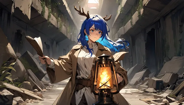 ((grown-up)), (Woman), ((Cao Cao)), ((mostima de arknights)) , work of art, best qualityer, ((Long blue hair)), antlers, plain white shirt, brown overcoat, holding a map and torch, Indiana Jones outfit, ha, (troubled face), Realistic anime style, inside a ...