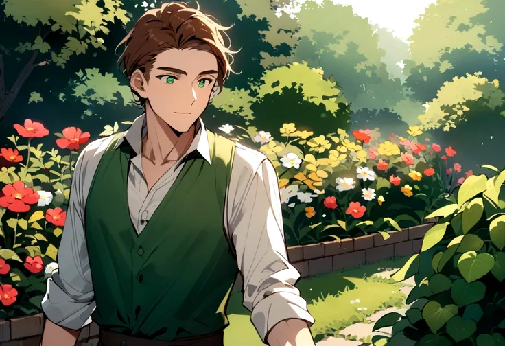 adult male gardener - brown hair - dark green eyes - in a garden