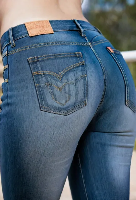 A gorgeous european model, wearing (skinny levis jeans:1.3). Close-up on her buttocks.