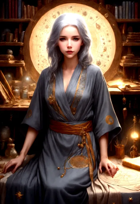 A cute young woman (gray haired) (mystical robes with intricate star designs) is in her workshop with many star observation tools and a huge tome of astrological signs before her
