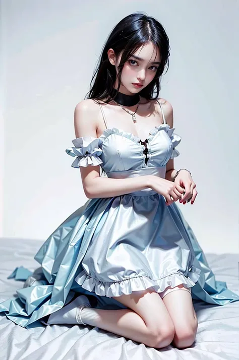 1girl, maid, dress, on knees, With sexy maid clothes, showing her tongue, sensual and beautiful face, clear eyes, cropped clothes, high resolution photo, chain on her neck, and cute socks on her feet ,Photo with better resolution, better quality, 4k, reali...