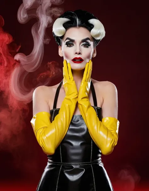 Cruella. A very magnificent hairstyle. A naked model in a long latex butchers apron. Hands in yellow gloves on face. An elegant pose. Red, thick smoke in the background.