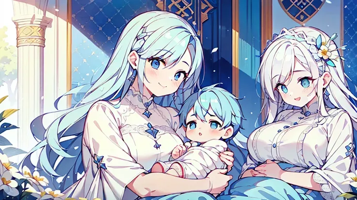 (((Mother and son,My son is a newborn baby.)))、((Highest quality、Masterpiece、Official Art、The best dynamic composition))、They both have a mixture of blue and white hair.、She is happily stroking the baby&#39;s cheek.、Heartwarming、happiness、A sparkling world...