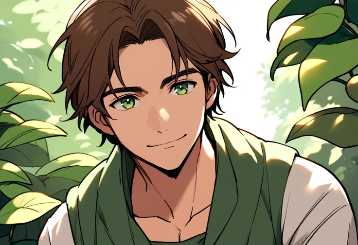 adult male gardener - brown hair - dark green eyes - in a garden