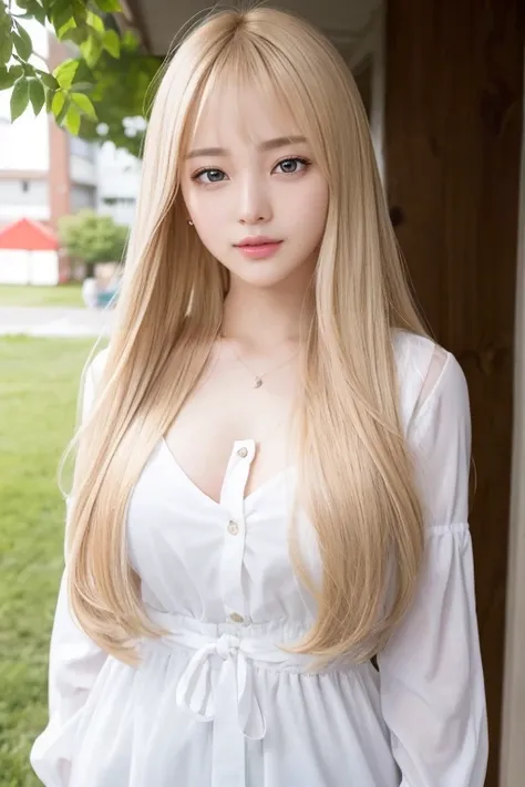 Her windblown blonde hair obscures her pretty face..、Bangs that flow between the eyes、Sexy big 、16 year old cute little smile、Shiny, bright, straight, super long blonde hair、Cute and beautiful long, smooth bangs covering the area between the eyes、Long, str...