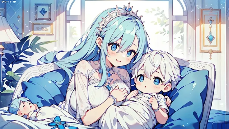 (((Mother and son,My son is a newborn baby.)))、((Highest quality、Masterpiece、Official Art、The best dynamic composition))、They both have a mixture of blue and white hair.、She is happily stroking the baby&#39;s cheek.、Heartwarming、happiness、A sparkling world...