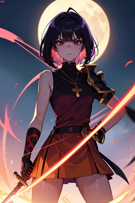 crow in background ,Anime girl holding sword katana red dress holding a sword, anime, short black hair with neon  purple highlights, hair is above shoulder height smooth beautiful, ready to attack, one hand on sword, background of moon 4k, anime art, penda...