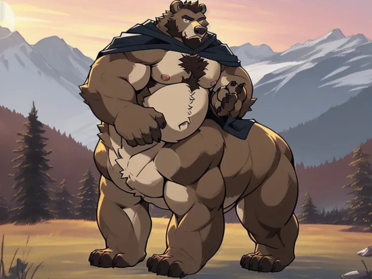 furry, fur taur, beartaur, middle-aged, 1man,  solo, hairy, arm_hair, leg_hair, short_hair, old, old_man, cloak(rainbow), pectorals, large_pectorals, detailed face, bear ears, bear eyes(brown), bear nose(black), bear mouth, garibaldi beard(grey), mature ha...