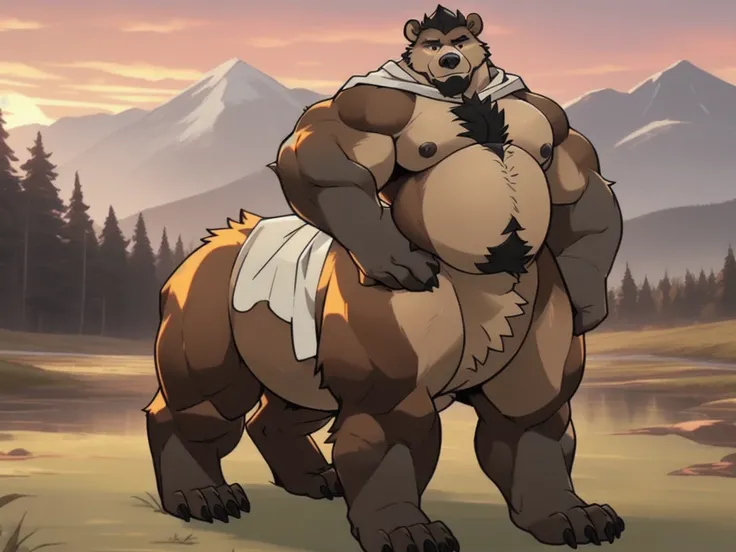 furry, fur taur, beartaur, middle-aged, 1man,  solo, hairy, arm_hair, leg_hair, short_hair, old, old_man, cloak(rainbow), pectorals, large_pectorals, detailed face, bear ears, bear eyes(brown), bear nose(black), bear mouth, garibaldi beard(grey), mature ha...