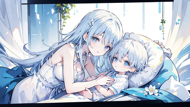 (((Mother and son,My son is a newborn baby.)))、((Highest quality、Masterpiece、Official Art、The best dynamic composition))、They both have a mixture of blue and white hair.、She is happily stroking the baby&#39;s cheek.、Heartwarming、happiness、A sparkling world...