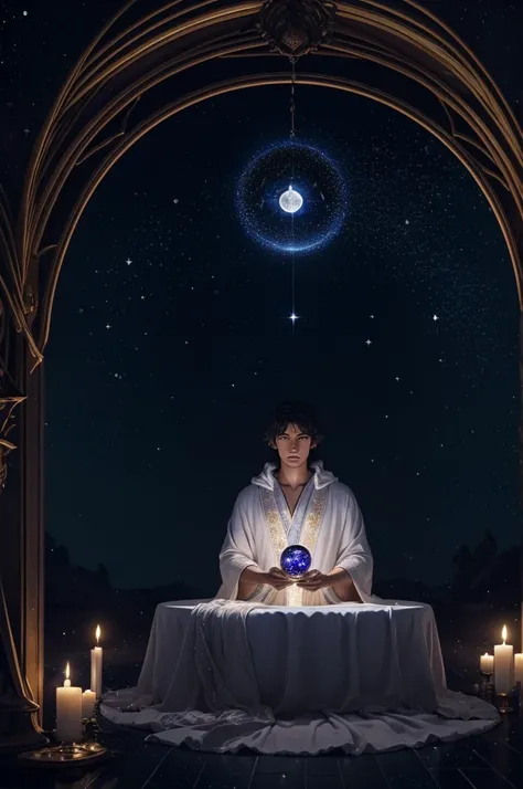 A mystical astrologer in a dark, starry room. They are surrounded by zodiac signs, holding a glowing crystal ball, wearing a long, flowing robe with celestial patterns. The astrologer has a serene expression and is bathed in moonlight