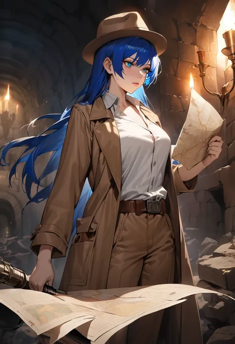 ((adult)), (woman), ((tall)), ((Mostima from arknights)) , masterpiece, best quality, ((Bluer hair long)), horns, plain white shirt, brown coat, holding a map and a torch, indiana jones outfit, hat, realistic anime style, inside of a dark catacomb.
