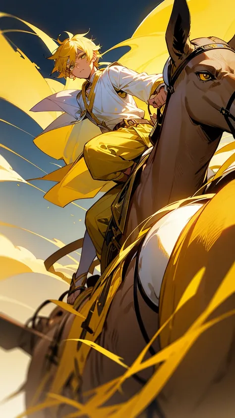 Draw a 22-year-old boy of Greek origin with yellow hair, yellow eyes and light skin, he wears yellow and white Greek prince clothes, draw him riding an anime-style camel. 