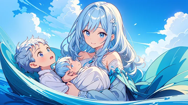 (((Mother and son,My son is a newborn baby.)))、((Highest quality、Masterpiece、Official Art、The best dynamic composition))、They both have a mixture of blue and white hair.、She is happily stroking the baby&#39;s cheek.、Heartwarming、happiness、A sparkling world...