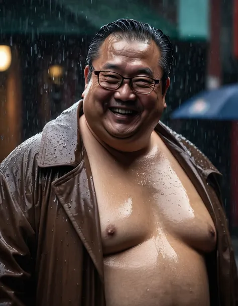 Fat, Chubby man in a brown coat, Shirtless , take off Shirt, Asian 50 year old, smile, eye glasses, Wet, Raining, moody lighting, dramatic shadows, cinematic composition, intense gaze, mysterious expression, unsettling ambiance, atmospheric, detailed facia...