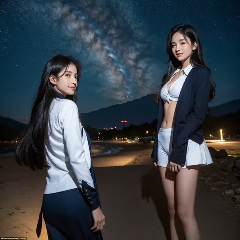 best quality，，smile，blazer，swimsuit，nepal，Uniform of the Future，Evolution of fashion，middle School girlultiple girls are depicted,harem，idol group，starry sky background，photo shoot，long hair，wearing a cardigan，beautiful girlの国，girl&#39;s paradise，highest q...