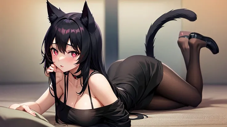 An adult woman half cat, wide breasts, black hair, black ears, black eyes with red pupils, very shy, very sexy, underwear, lying down