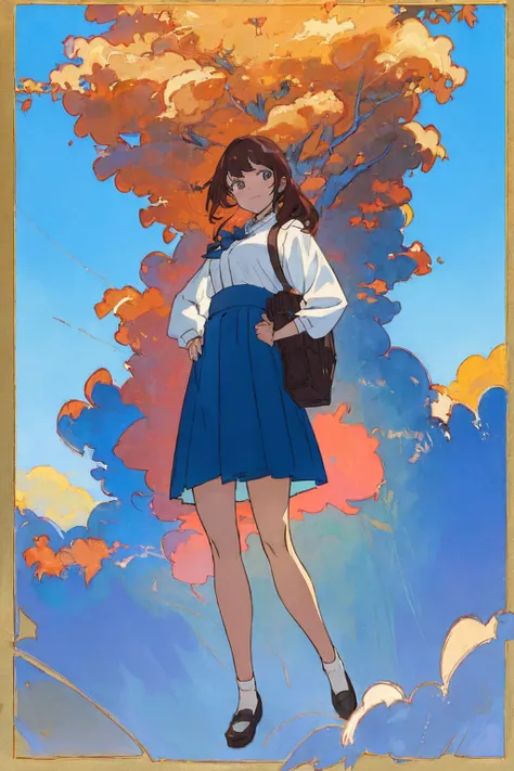 (masterpiece:1.2), (best quality:1.3), (highly detailed:1.4), 
(character pose: {standing with hands on hips, smiling confidently:1.2}), 
(background: {school courtyard with trees and blue sky:1.3}), 
(clothing: {traditional Japanese , white blouse, blue s...