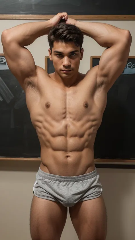 A captivating social media thumbnail showcasing a young, healthy-looking man who is nineteen years old. He is standing confidently with his arms folded, displaying an impressive muscle definition. A black chalkboard-style text indicates his weight, showing...