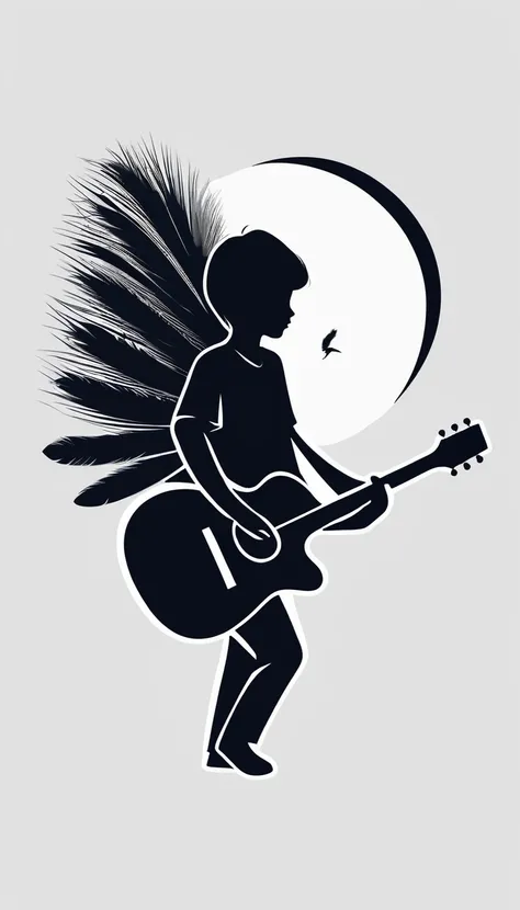 A minimal, modern, simple, cinematic logo design for the brand “Penamemoria". The logo design of a boy with a head of a feather playing acoustic guitar. The logo must convey a sense of music, stories and dreams. Minimalistic logo design of a boy dissolving...