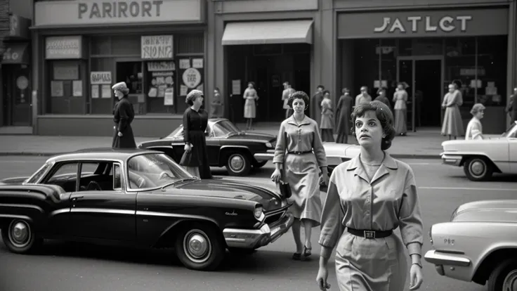 arabian woman walking in front of a row of parked cars, new york in the 1960s, cinematic diane arbus, inspired by ruth orkin, in...