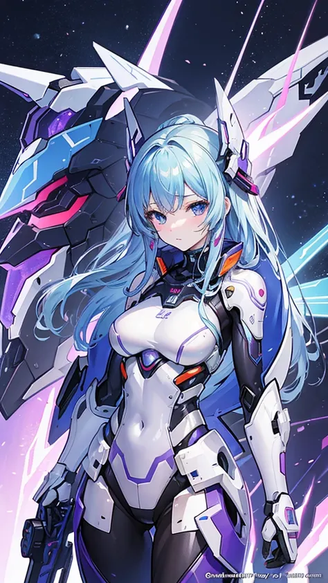 a close up of a robot with a purple and blue suit, concept art inspired by Ei-Q, pixiv contest winner, shin hanga, mechanized valkyrie girl, high detailed official artwork, girl in mecha cyber armor, ferra white mecha, fully robotic!! girl, ethereal and me...