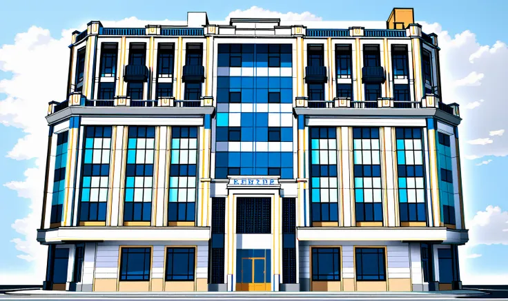 a rendering of a building with a clock on the top of it, building facing, multistory building, front elevation view, art deco office buildings, neoclassical police station, realistic building, front perspective, neo - classical style, front-view, an extrem...