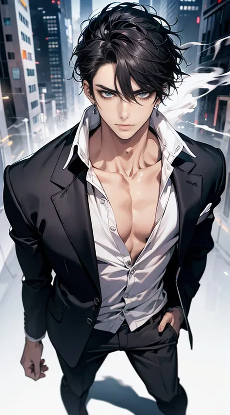 (masterpiece, best quality, highres, ultra-detailed), 1man, male focus, spiky black hair, grey eyes, handsome, detailed eyes and face, male body, earrings, ear piercing,  unbuttoned black blazer, white shirt, trousers, bare collarbones, chain necklace, cit...