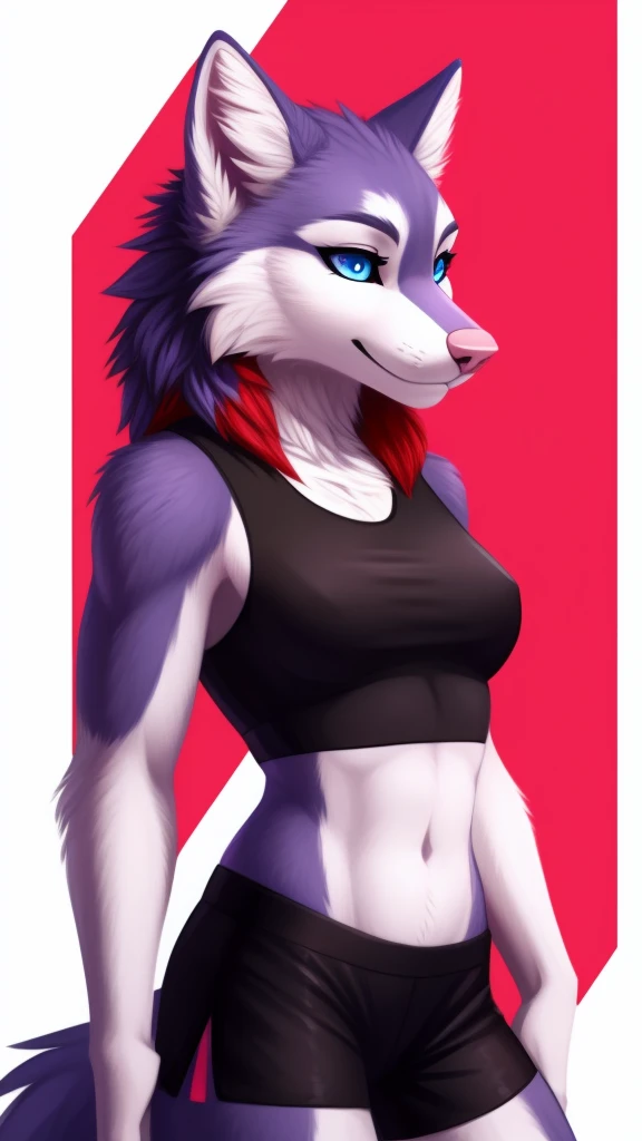 create a image of a furry wolf female anthropomorphic white fur mixed with purple and red designs on her fur blue eyes pink nose full body  wearing a black crop top and black shorts profile picture 