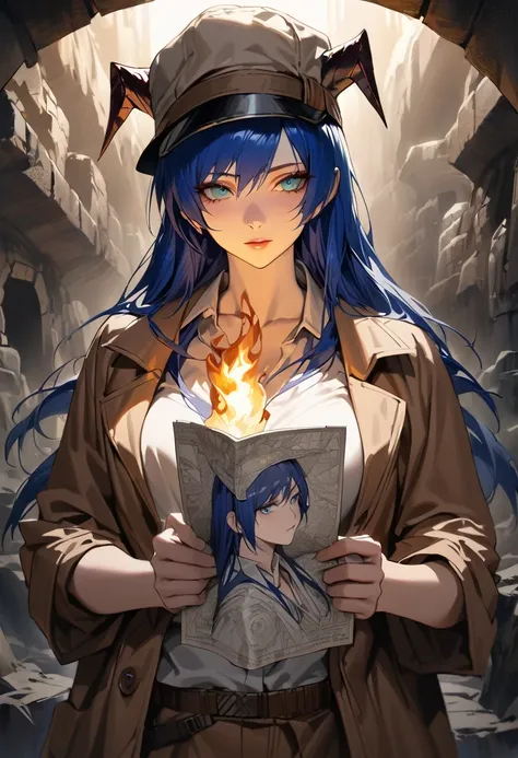 ((adult)), (woman), ((tall)), ((Mostima from arknights)) , masterpiece, best quality, ((Bluer hair long)), horns, plain white shirt, brown coat, holding a map and a torch, indiana jones outfit, hat, realistic anime style, inside of a dark catacomb, portrai...