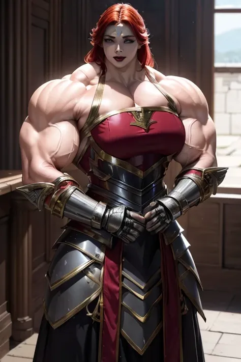 (((Massive beautiful, buff, pale white skinned muscular asian paladin woman with red hair, black lipstick, ginormous bulky muscles and wearing full gleaming red paladin knight armored with a long tiered skirt))), (close view), large breast, (massive muscle...