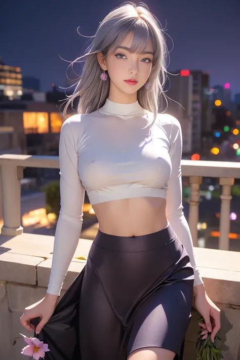 Realistic, One girl,Gray Hair, bangs,Purple eyes, Glowing Eyes, Crop top, skirt, Part your lips, blush, night, Flowers, 