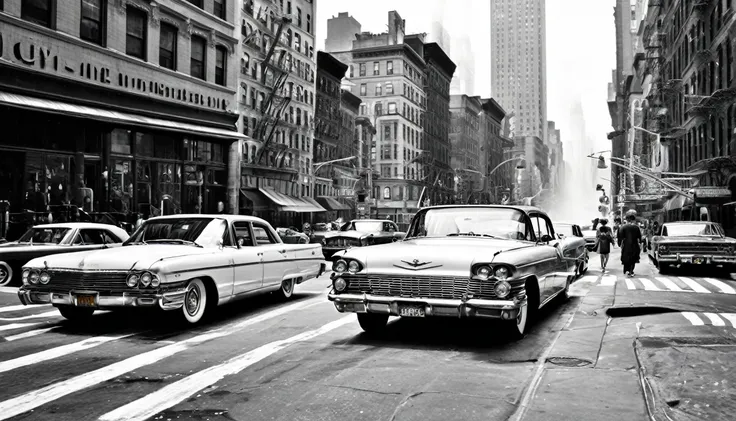 Black and white photo of a New York street, , Hyperreal Photography,  and adding depth to the scene, vintage car, City street in the background