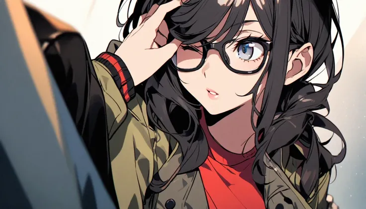 diagonal, bright、Glasses、woman、Jacket、Hiding one eye、stylish