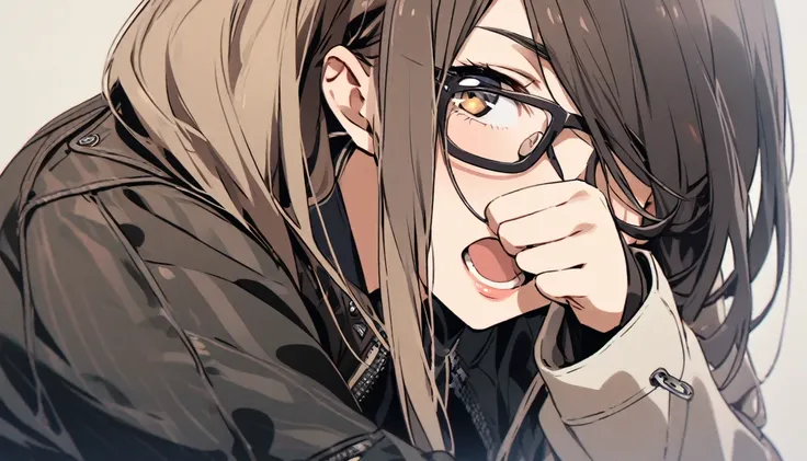 diagonal, bright、Glasses、woman、Jacket、Hiding one eye、stylish