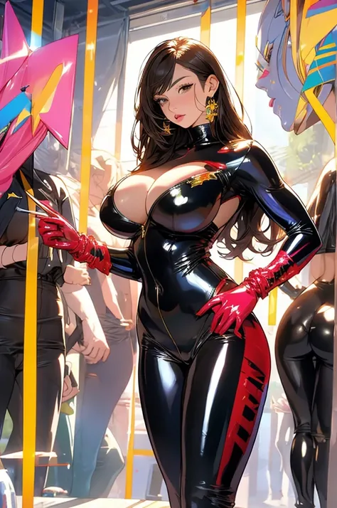 (Masterpiece, masterpiece, extremely detailed and precise).
A heroine of justice. A lesbian women wearing tight full body latex suits. A colorful, glittering latex suit that tightens your body.  Glittering latex shine. BDSM. Plump body. Her huge breasts an...