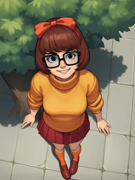 velma, 1 girl, short hair, black eyes, black frame glasses, brown hair, alone, hair bow,tree,  parts, orange socks, red shoes, s...