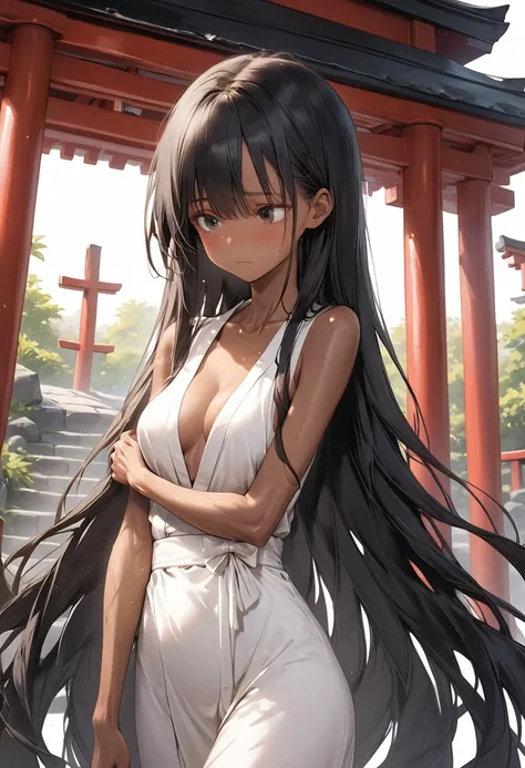 (masterpiece,Highest quality:1.3,best quality illustration),cowboy shot,1woman,25 year old Japanese beauty、black hair,long hair,bangs,black eyes,gorgeous eyes,((very small head:1.2)),shy,(very long body),medium breasts,(tan skin, gleaming skin,toned body,s...