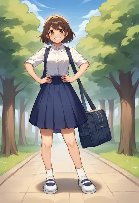 (masterpiece:1.2), (best quality:1.3), (highly detailed:1.4), 
(character pose: {standing with hands on hips, smiling confidently:1.2}), 
(background: {school courtyard with trees and blue sky:1.3}), 
(clothing: {traditional Japanese , white blouse, blue s...