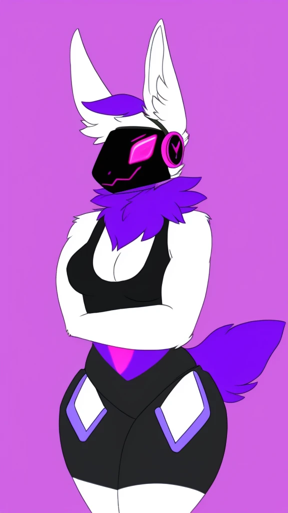 Furry protogen female anthropomorphic white fur pink eyes blue ears wearing a black tank top medium breast size profile picture 