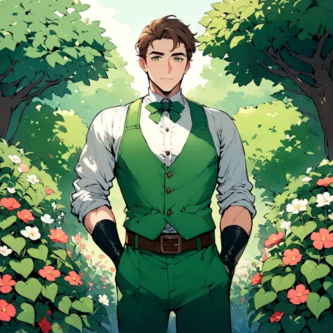 adult male gardener - brown hair - dark green eyes - in a garden