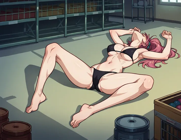 Masterpiece , best quality , Masterpiece , best quality , 1 woman , Embossed , Pink ponytail , be unconscious , black bikini , abdomen , big breasts , Long legs , Barefoot , Lie down on the floor.. , spread your legs , pile of clothes , warehouse , Surroun...